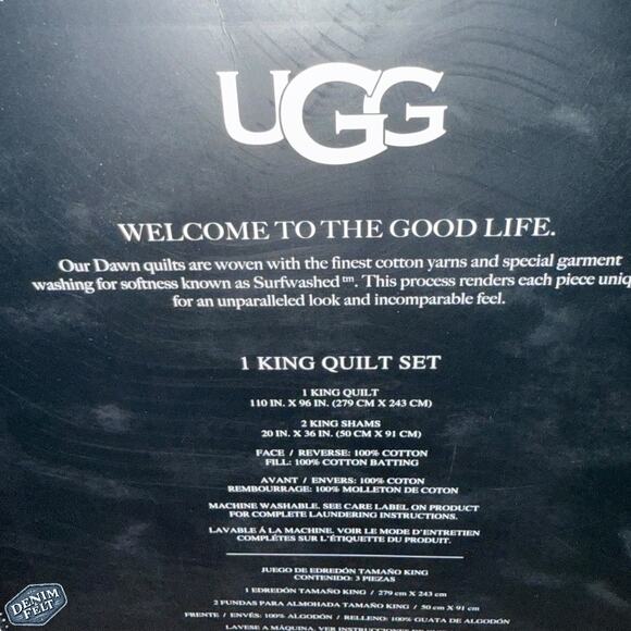 UGG Dawn King Quilt Set 3-Piece Ocean Blue | Cotton Washed Modern Bedding - Picture 10 of 12